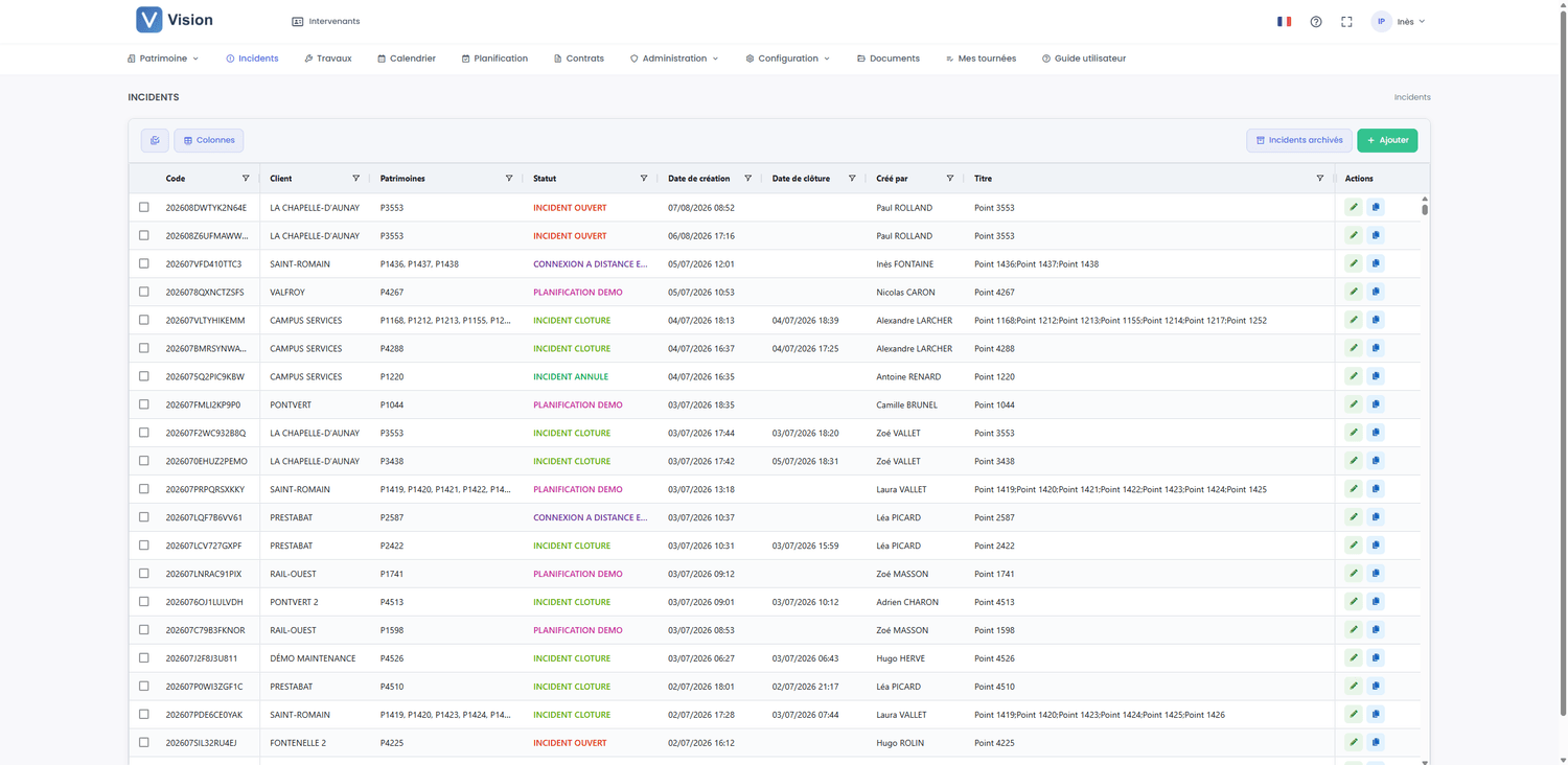 Incidents list with filters