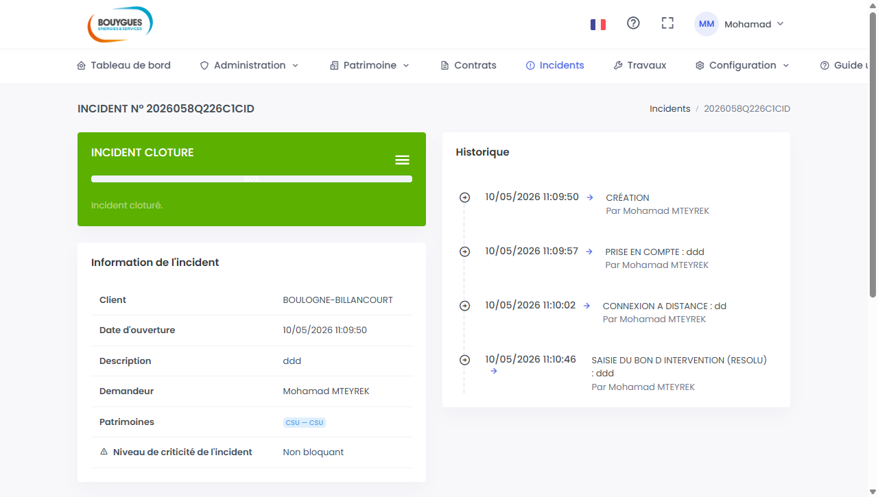 Fiche d'un incident dans Vision GMAO